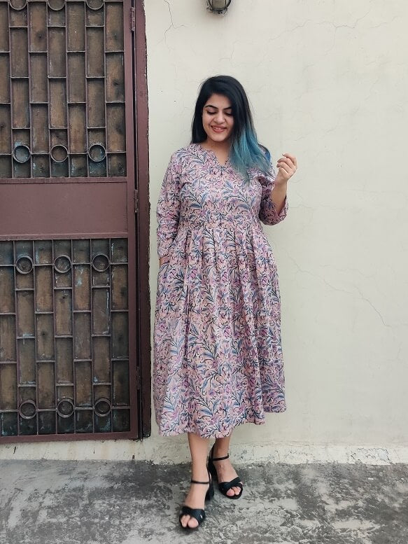 Brown Purple Floral Hand Block Printed Midi Dress with Box Pleats