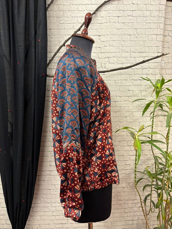 Red Indigo Ajrakh Mashru Silk Unisex Bomber Jacket