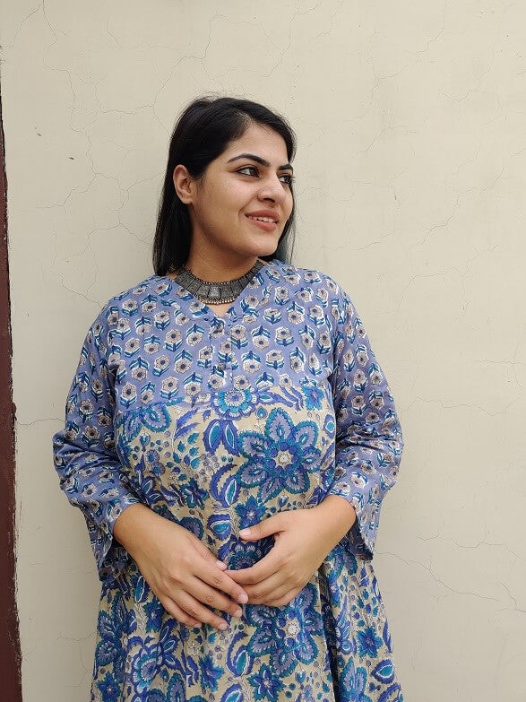 Aahna Hand Block Printed Cotton Kurta Set with Afghani Pants