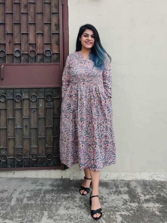 Brown Purple Floral Hand Block Printed Midi Dress with Box Pleats
