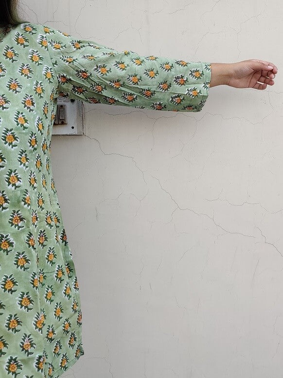 Green Yellow Floral Hand Block Printed Short Kurti