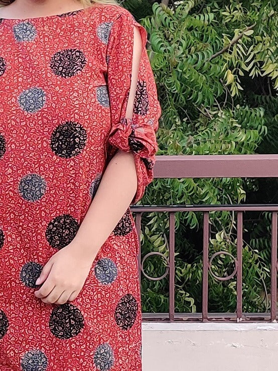 Chilli Ajrakh Shift Dress with Knot Sleeves
