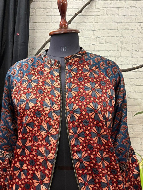 Red Indigo Ajrakh Mashru Silk Unisex Bomber Jacket