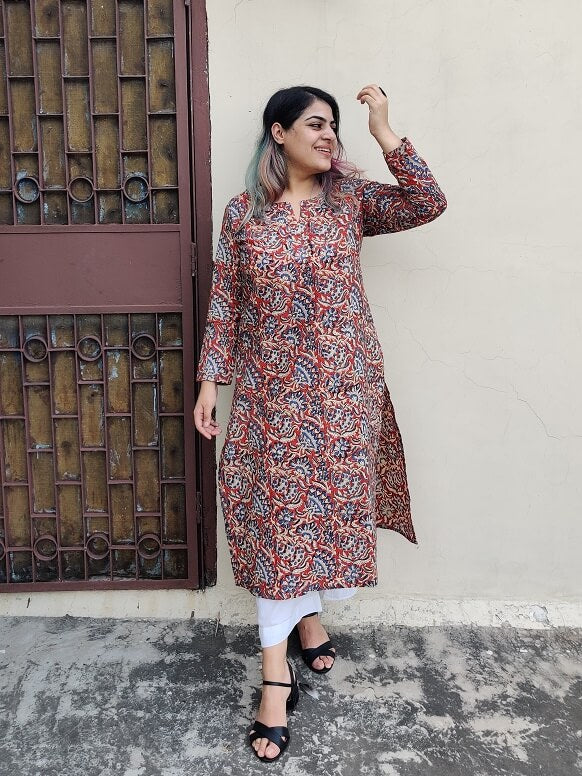 Red Kalamkari Hand Block Printed Cotton Long Kurta