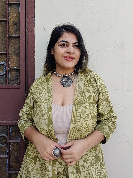 Olive Hand Block Printed Culottes and Shrug Coordinated Set