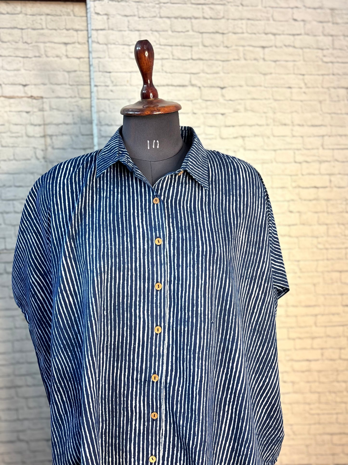 Indigo White Dabu Stripes Cotton High Low Shirt Kaftan
