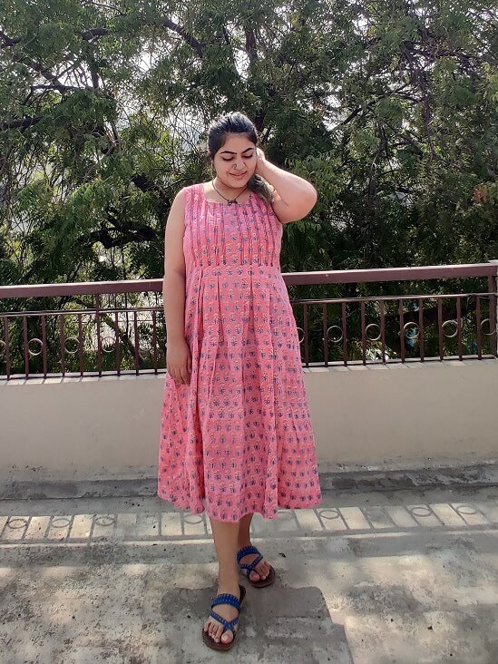 Bubblegum Hand Block Printed Sleeveless Dress