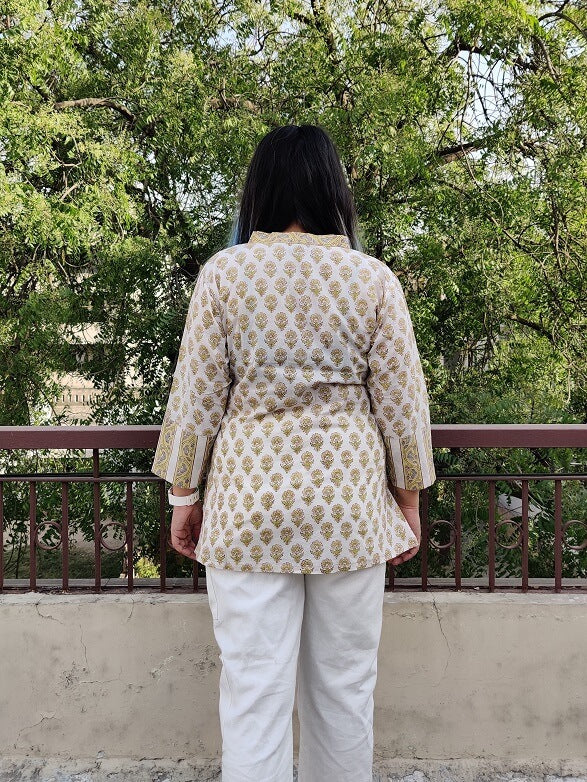 White Floral Hand Block Printed Short Kurti