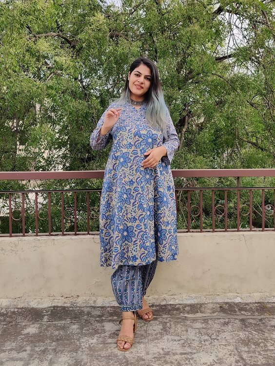Aahna Hand Block Printed Cotton Kurta Set with Afghani Pants