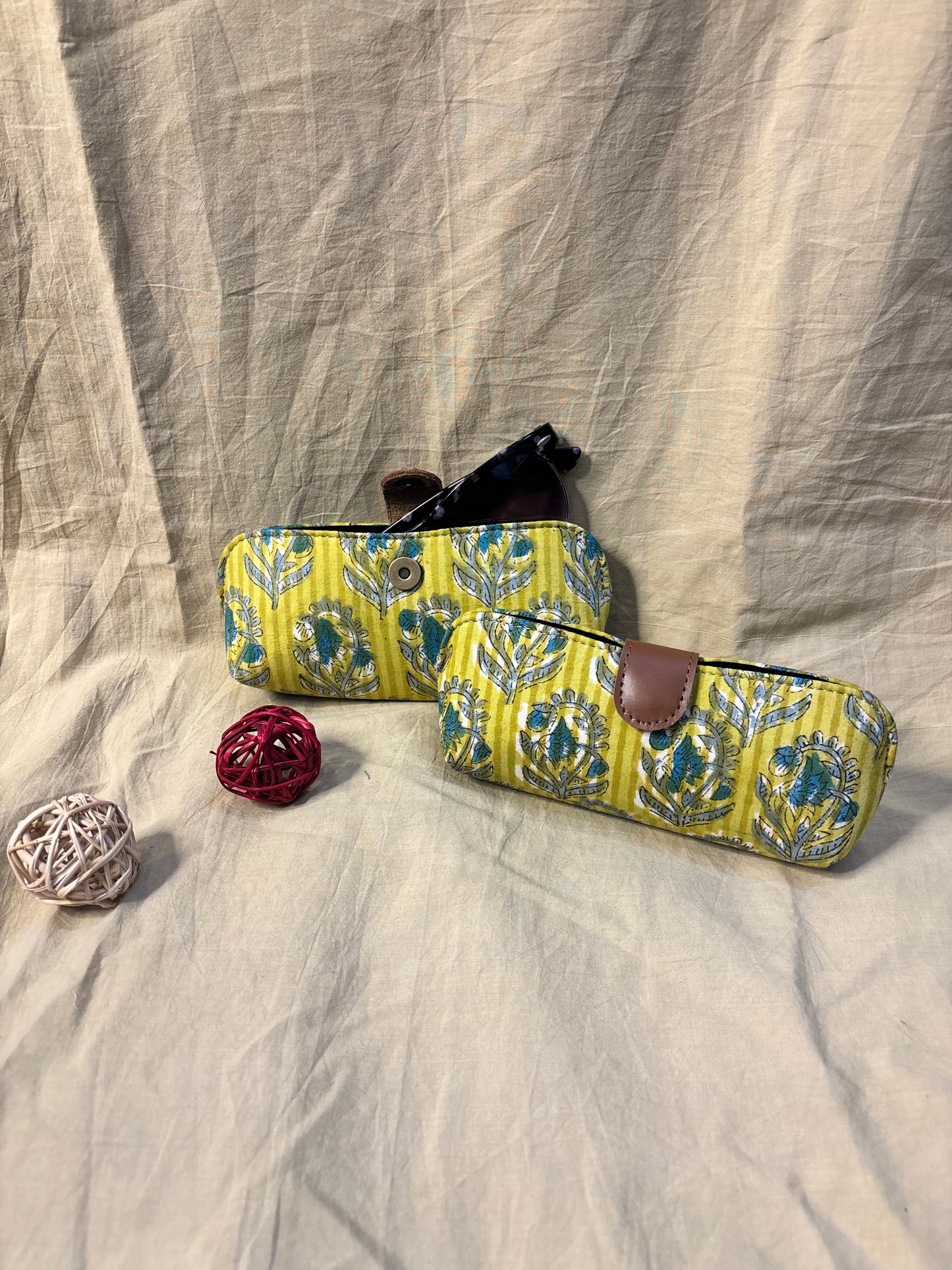 Yellow Blue Hand Block Print Eyewear Case