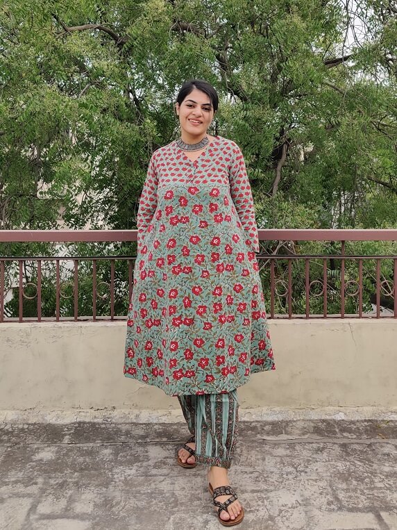 Hibiscus Hand Block Printed Cotton Kurta Set with Afghani Pants