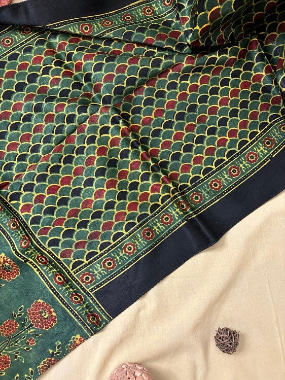 Green Fishscale Ajrakh Hand Block Printed Mashru Silk Stole