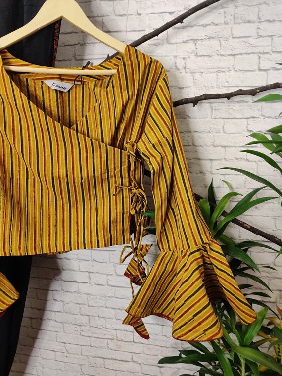 Yellow Red Stripes Ajrakh Hand Block Printed Angrakha Short Top