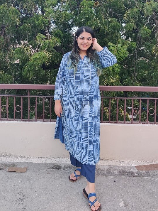 Indigo Lines Handblock Printed Cotton Long Kurta