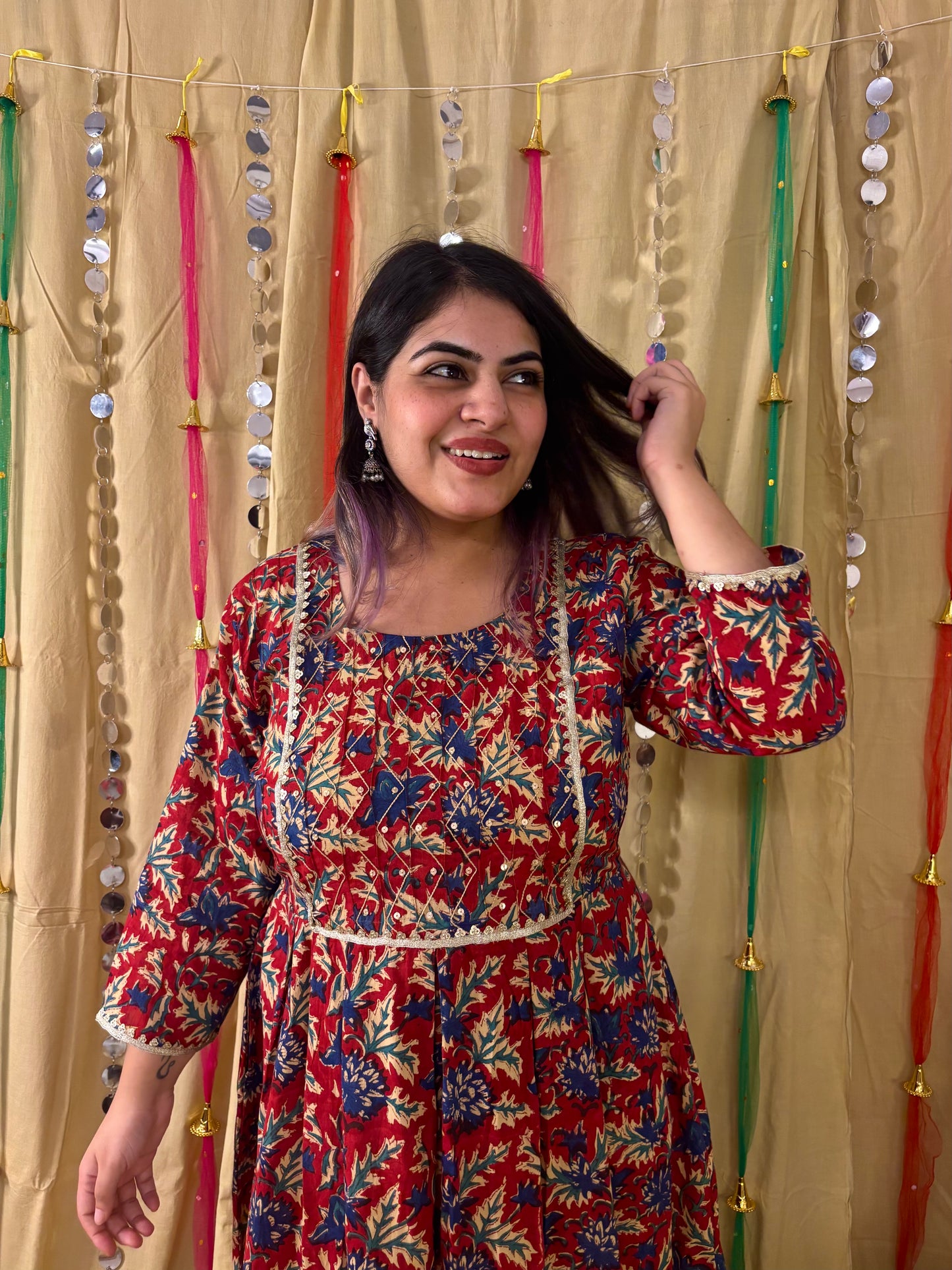Zareen Hand Block Printed Midi Dress with Embroidered Neckline & Gota Detailing