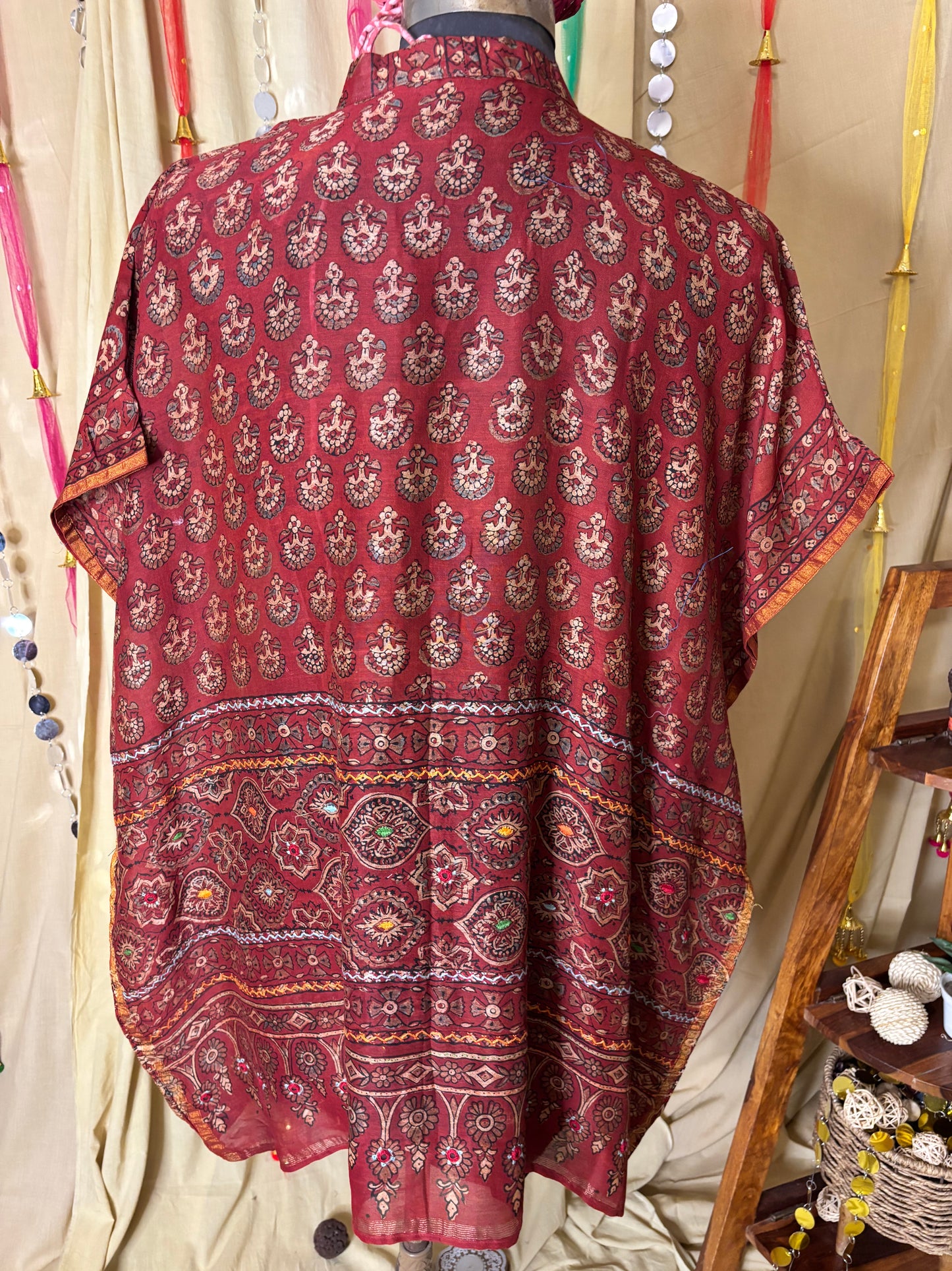 Red Ajrakh Chanderi Shirt Kaftan with Hand Embroidery
