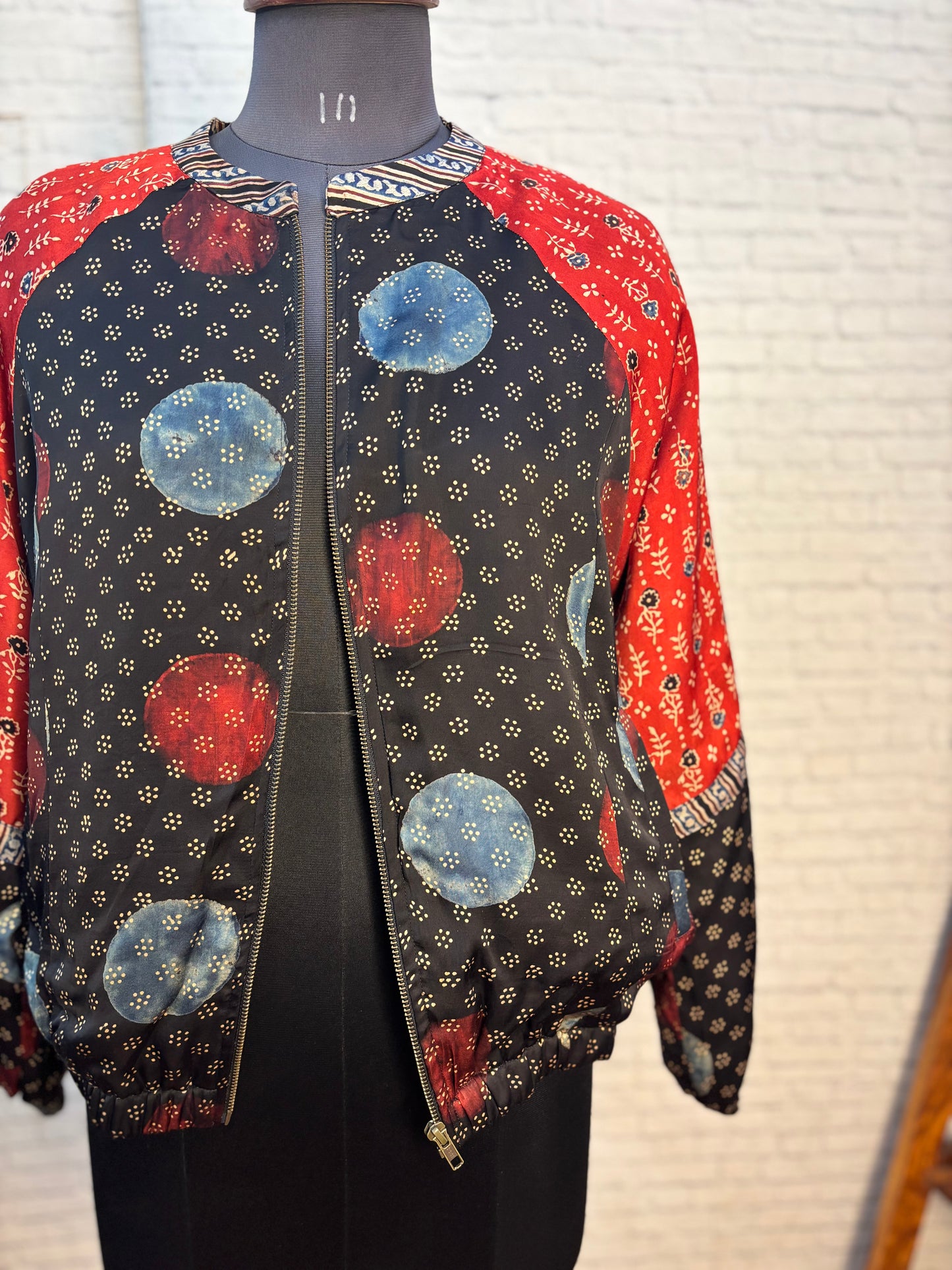 Black Red Modal Silk Ajrakh Unisex Bomber Jacket