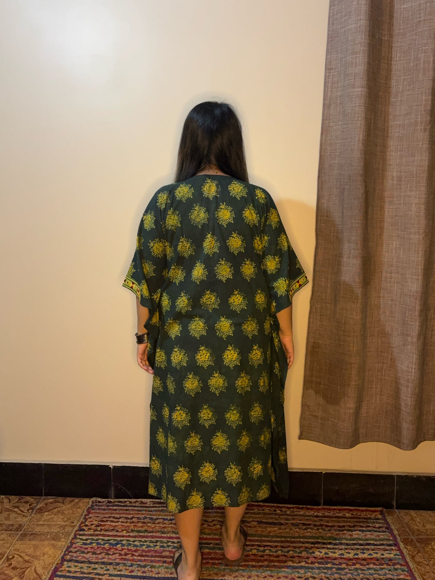 Green Ajrakh Hand Embroidered Patch Kaftan