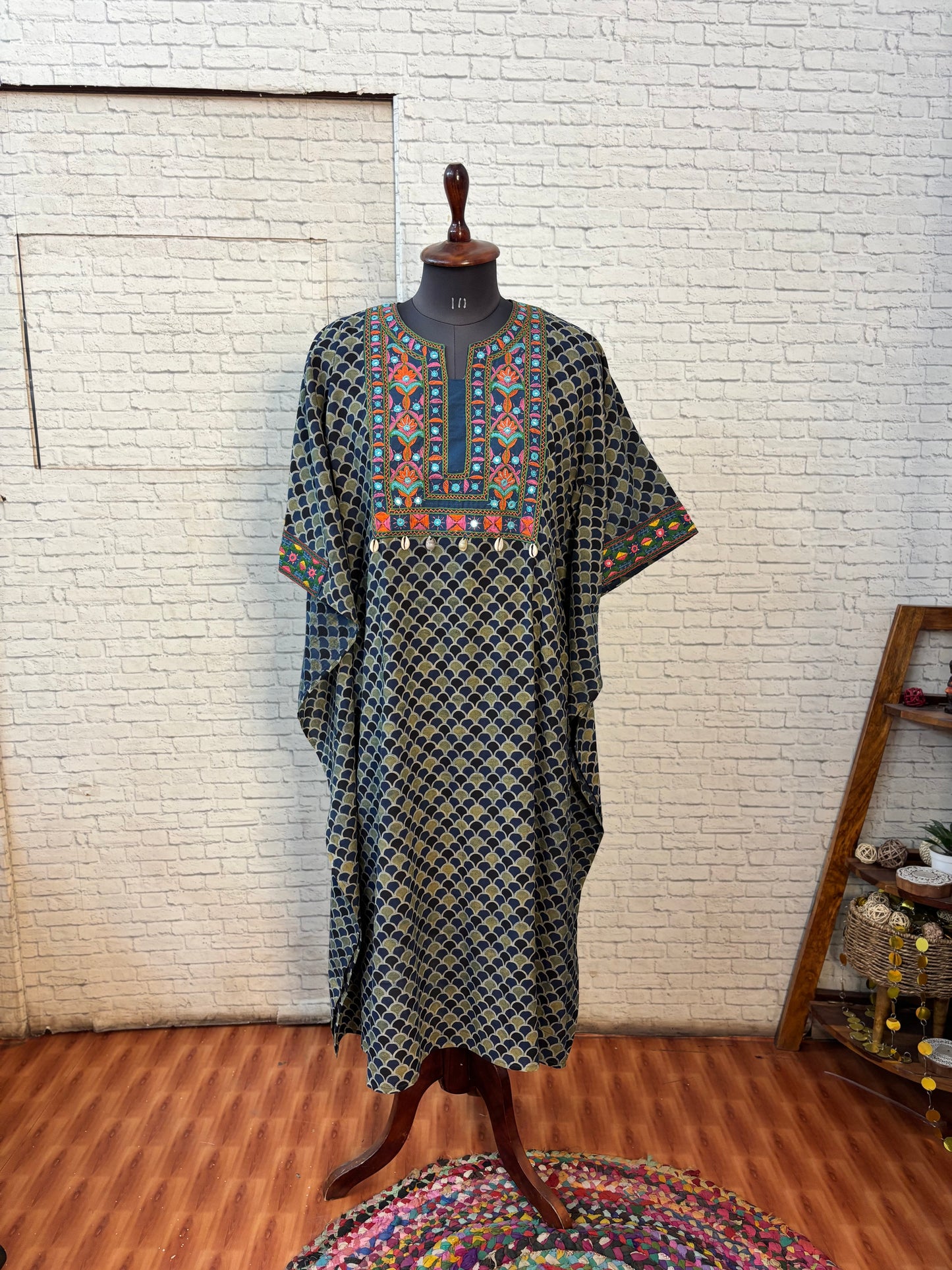 Indigo Green Ajrakh Hand Embroidered Patch Kaftan
