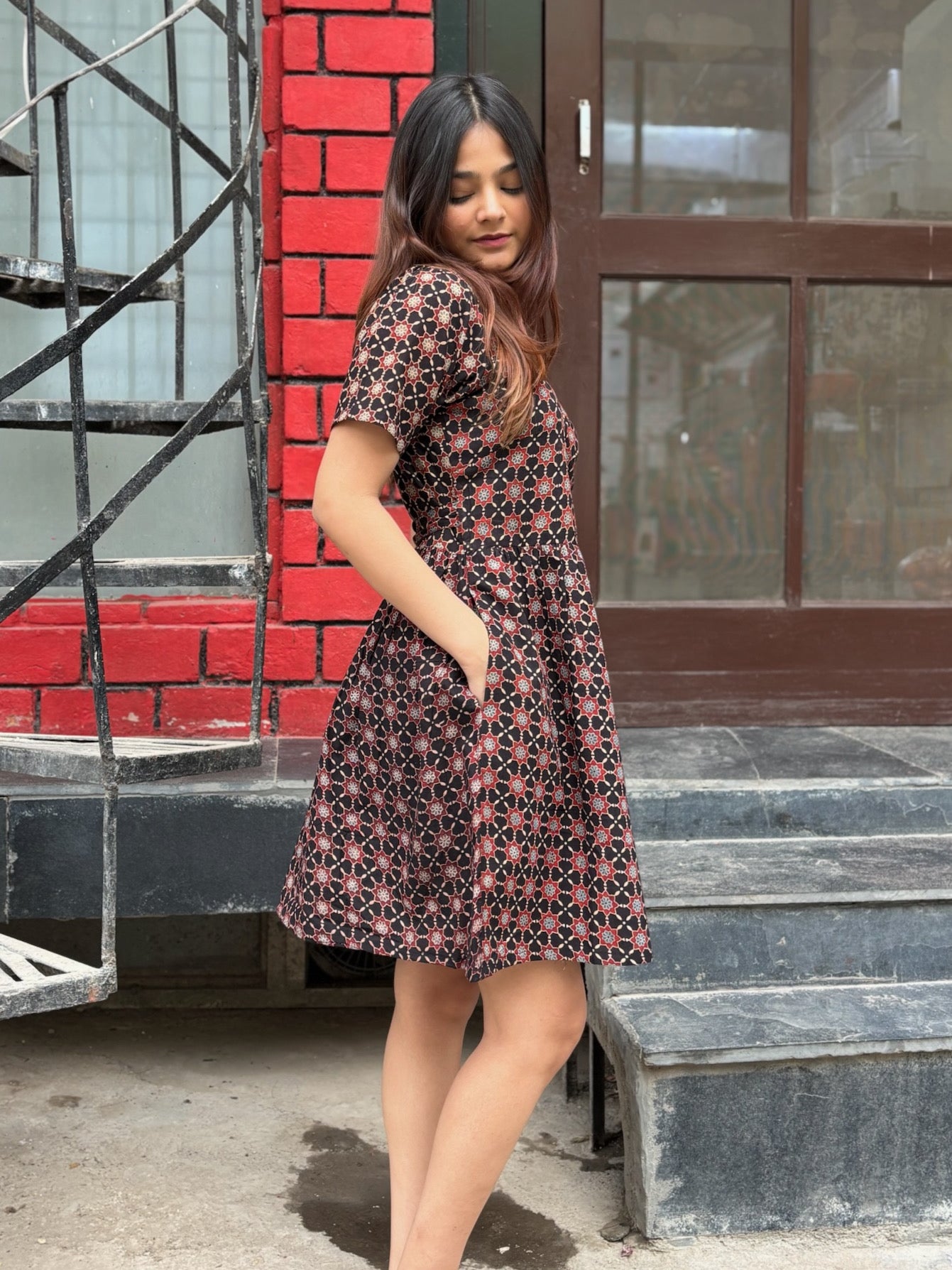 Zaina Ajrakh Hand Block Printed Knee Length Wrap Dress