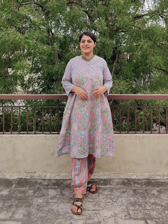 Meadowsweet Hand Block Printed Cotton Kurta Set with Afghani Pants