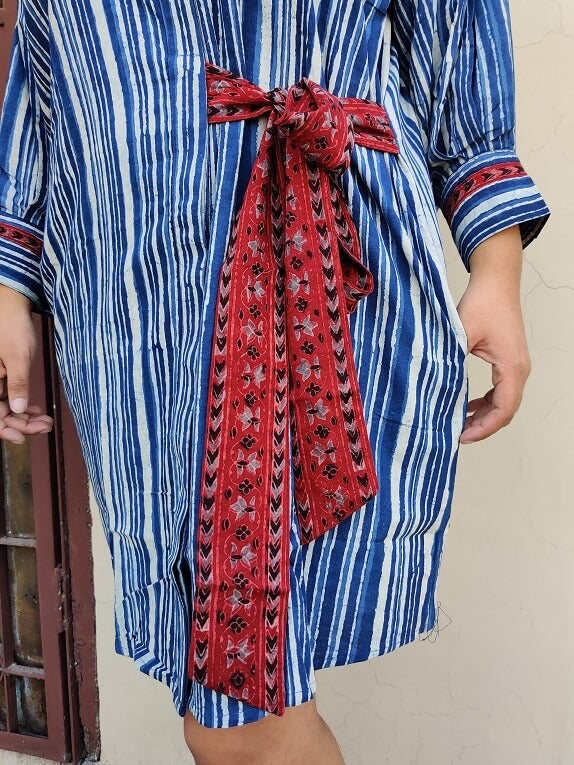 Indigo White Hand Block Printed Comfort Fit Knee Length Shirt Dress with Side Belt