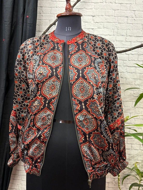 Black Ajrakh Mashru Silk Unisex Bomber Jacket
