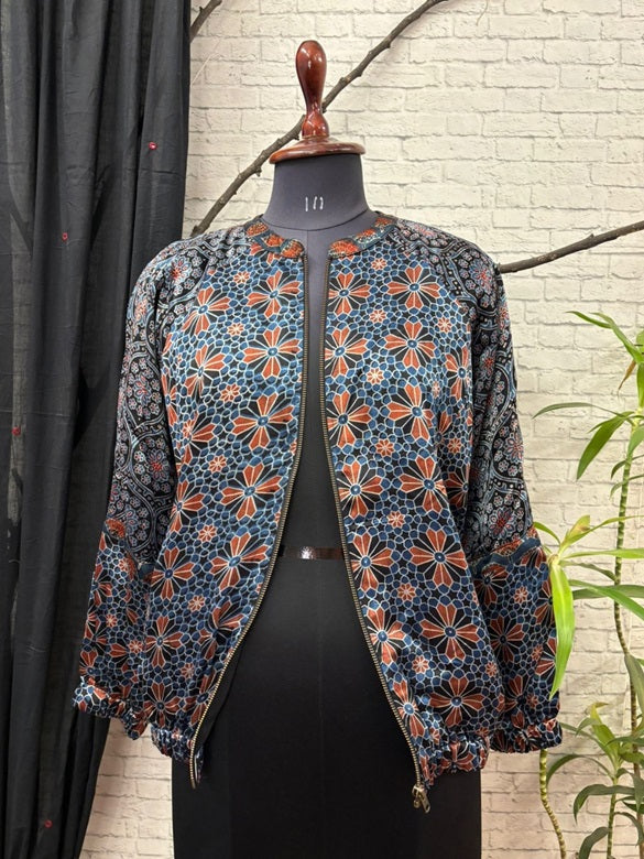 Indigo Black Ajrakh Mashru Silk Unisex Bomber Jacket