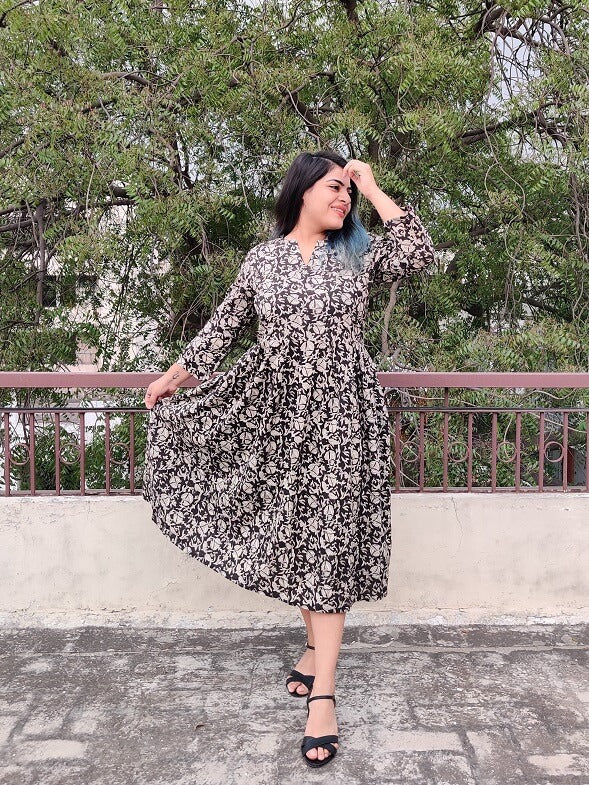 Black Kalamkari Hand Block Printed Midi Dress with Box Pleats