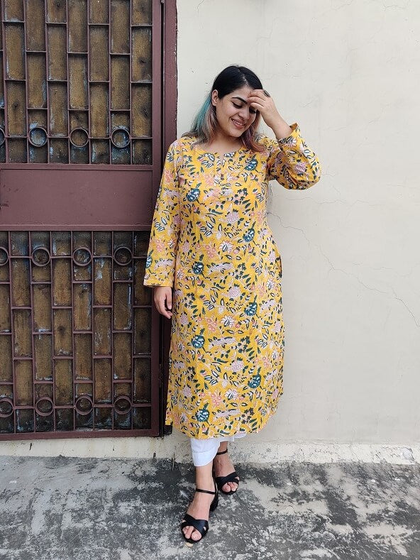 Yellow Floral Hand Block Printed Cotton Long Kurta