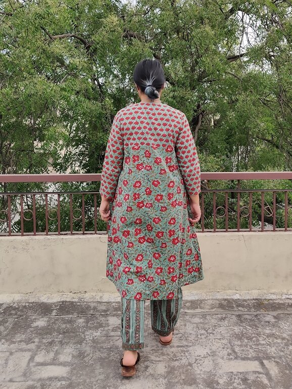 Hibiscus Hand Block Printed Cotton Kurta Set with Afghani Pants
