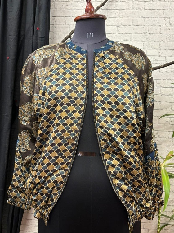 Black Olive Green Mashru Silk Ajrakh Unisex Bomber Jacket