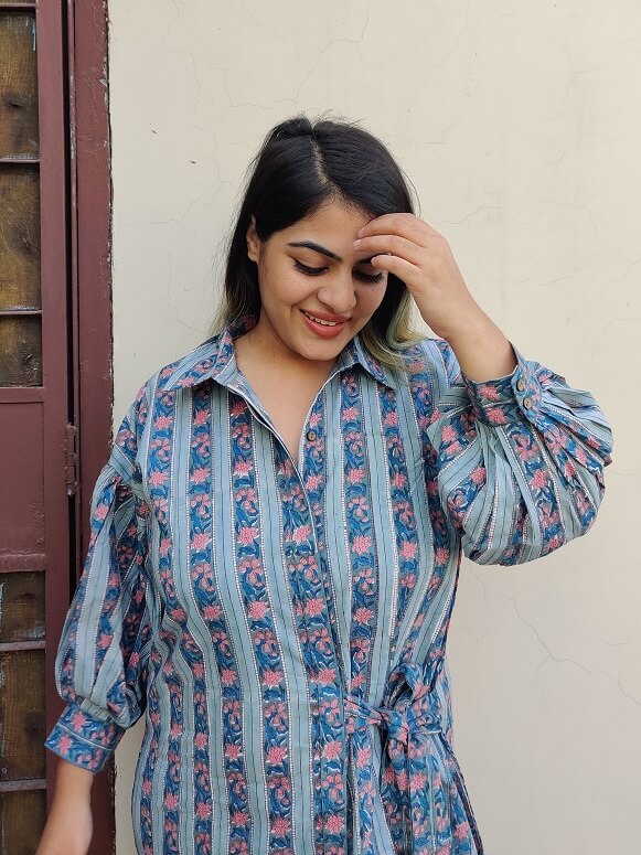 Teal Pink Hand Block Printed Comfort Fit Knee Length Shirt Dress with Side Belt