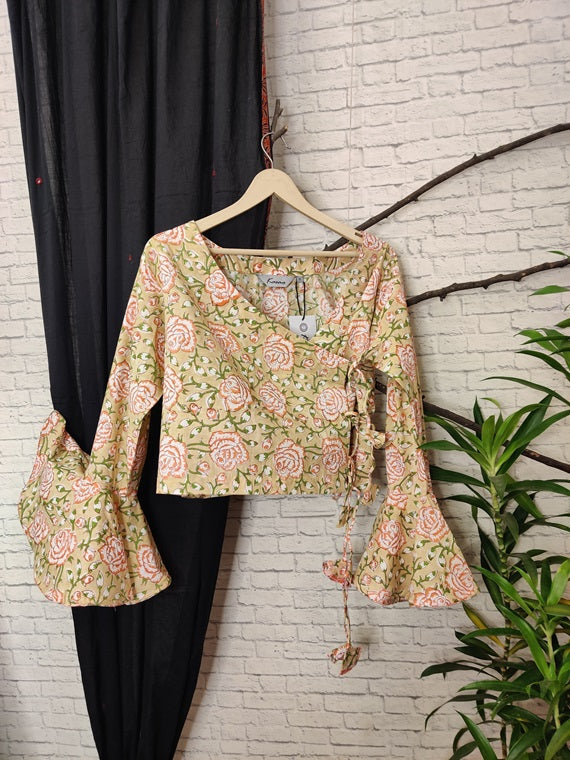 Yellow Rose Hand Block Printed Angrakha Short Top