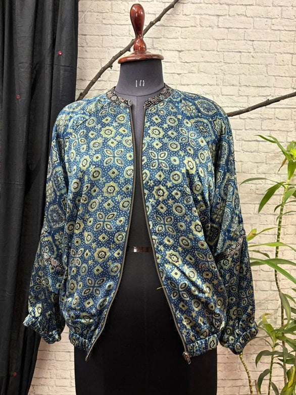 Indigo Green Ajrakh Mashru Silk Unisex Bomber Jacket