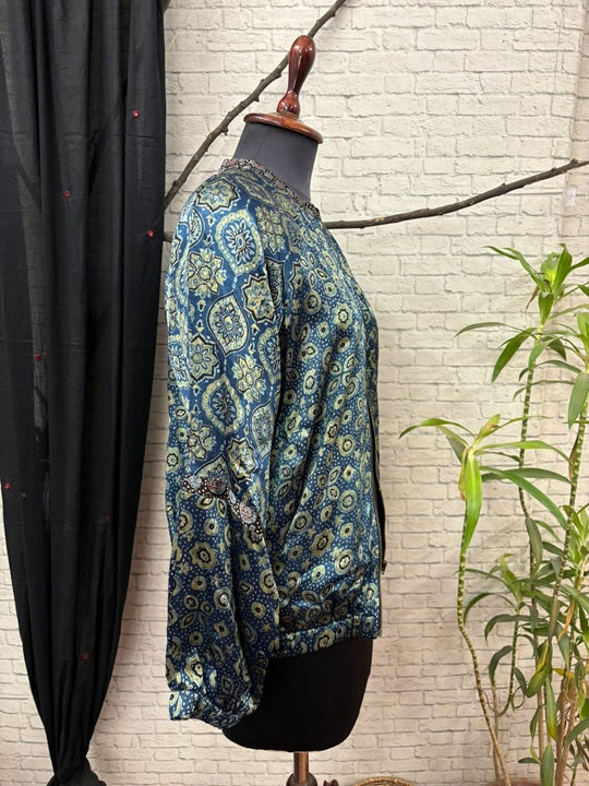 Indigo Green Ajrakh Mashru Silk Unisex Bomber Jacket