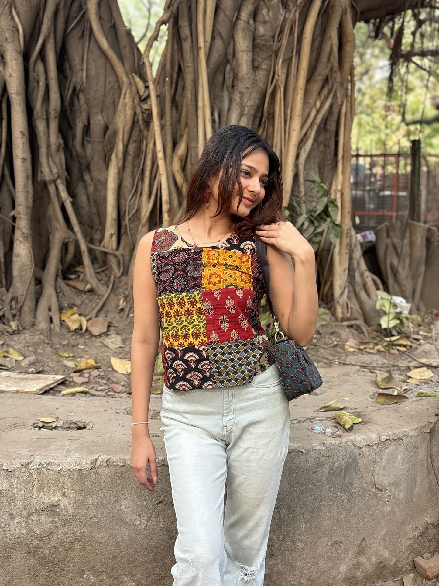 Ajrakh Multi Colour Patch Work Sleeveless Crop Top