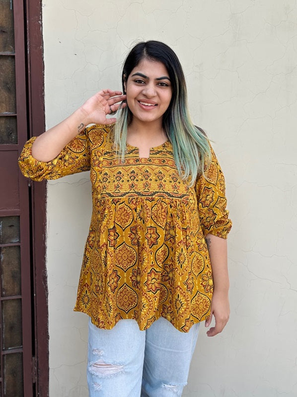 Yellow Ajrakh Boho Top with Back Drawstring