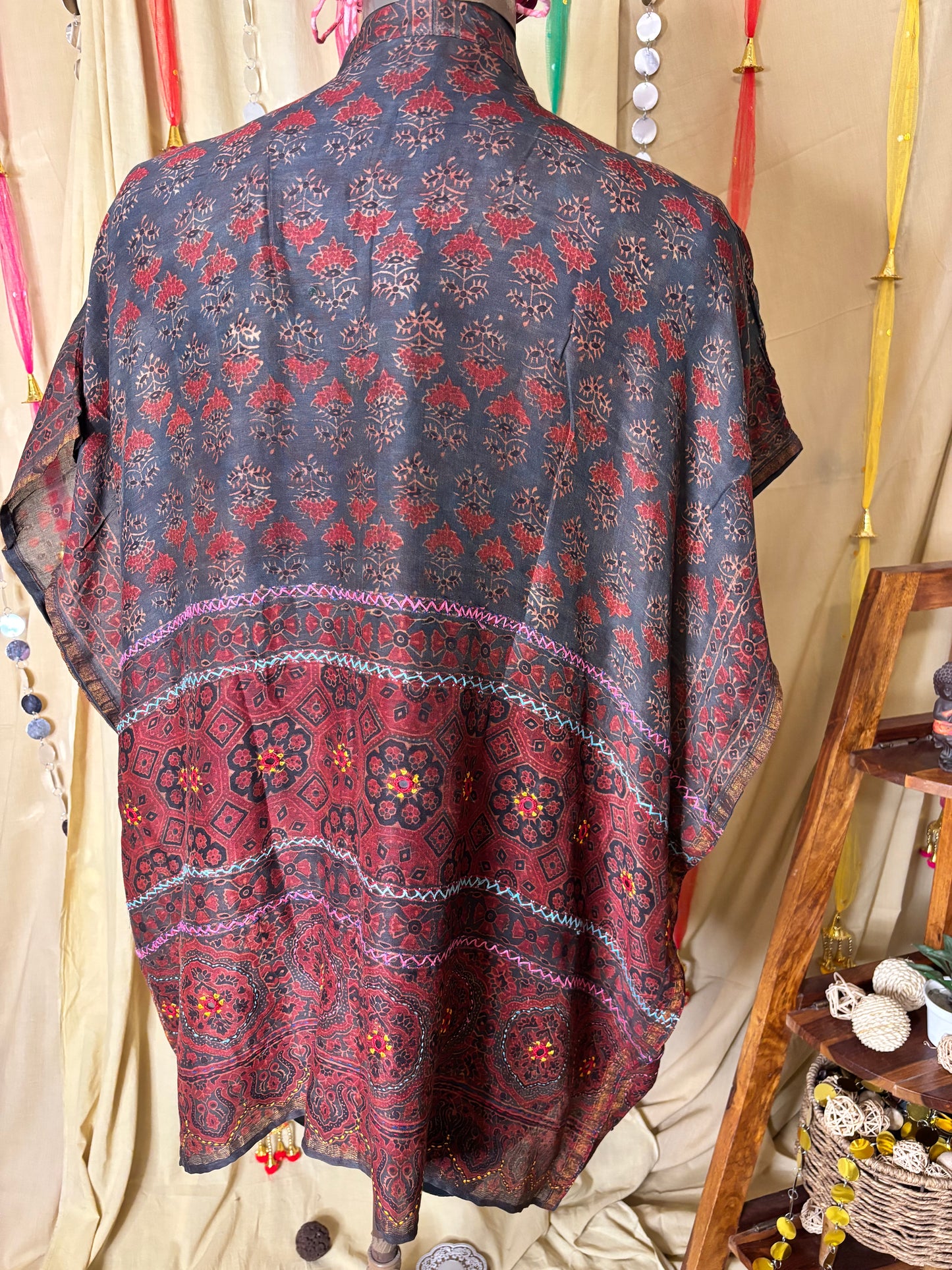 Indigo Red Ajrakh Chanderi Shirt Kaftan with Hand Embroidery