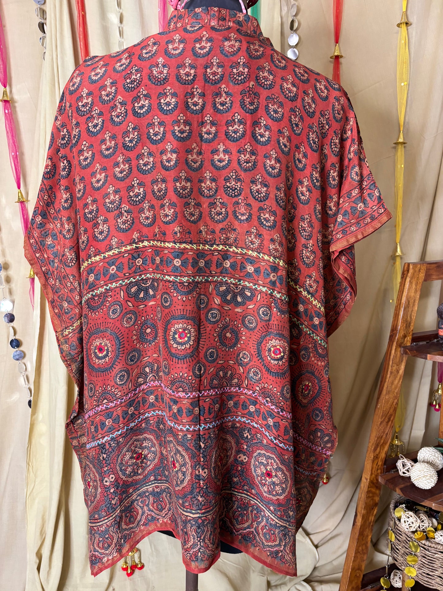 Red Ajrakh Chanderi Shirt Kaftan with Hand Embroidery