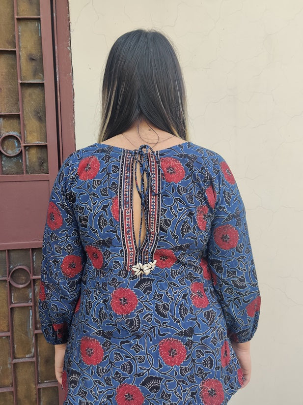 Indigo Red Ajrakh Boho Top with Back Drawstring