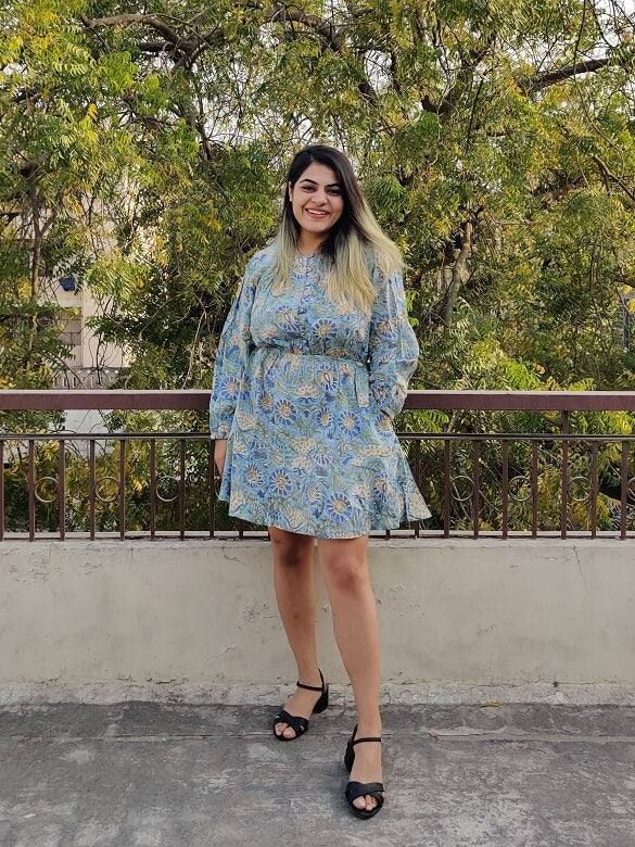 Iraa Hand Block Printed Short Dress with Flared Hem