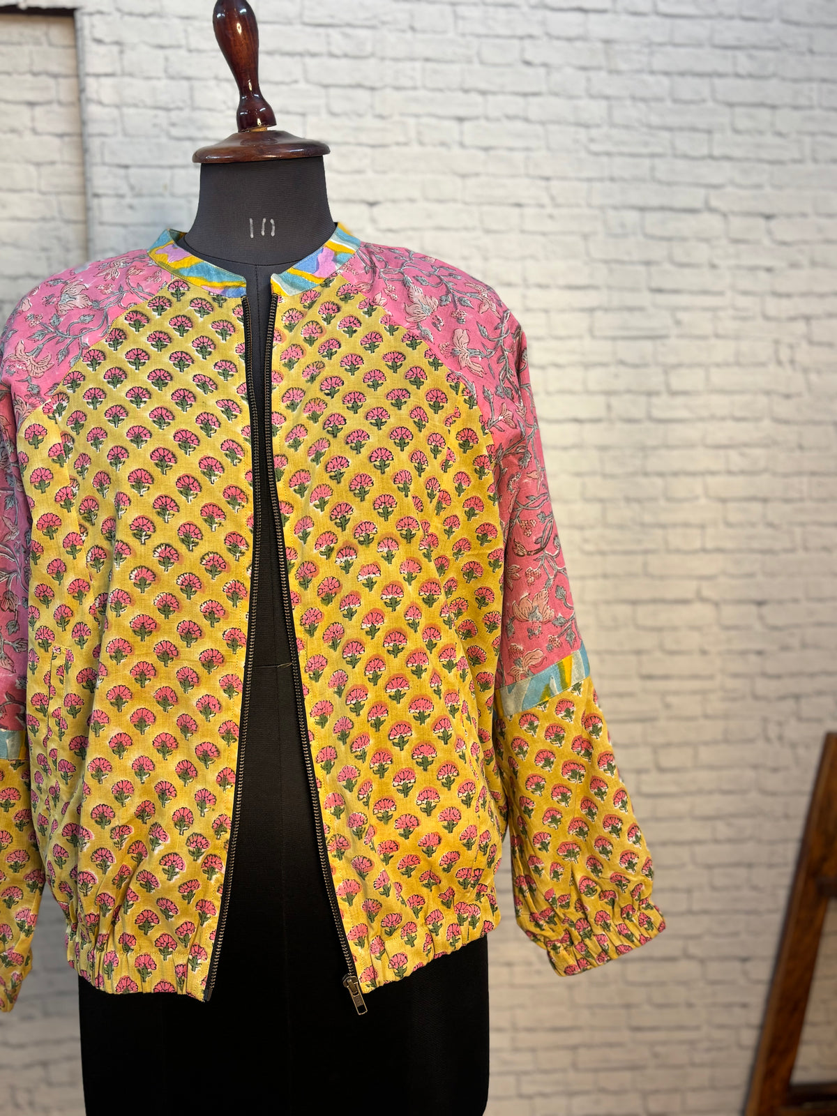 Yellow Pink Hand Block Printed Unisex Bomber Jacket