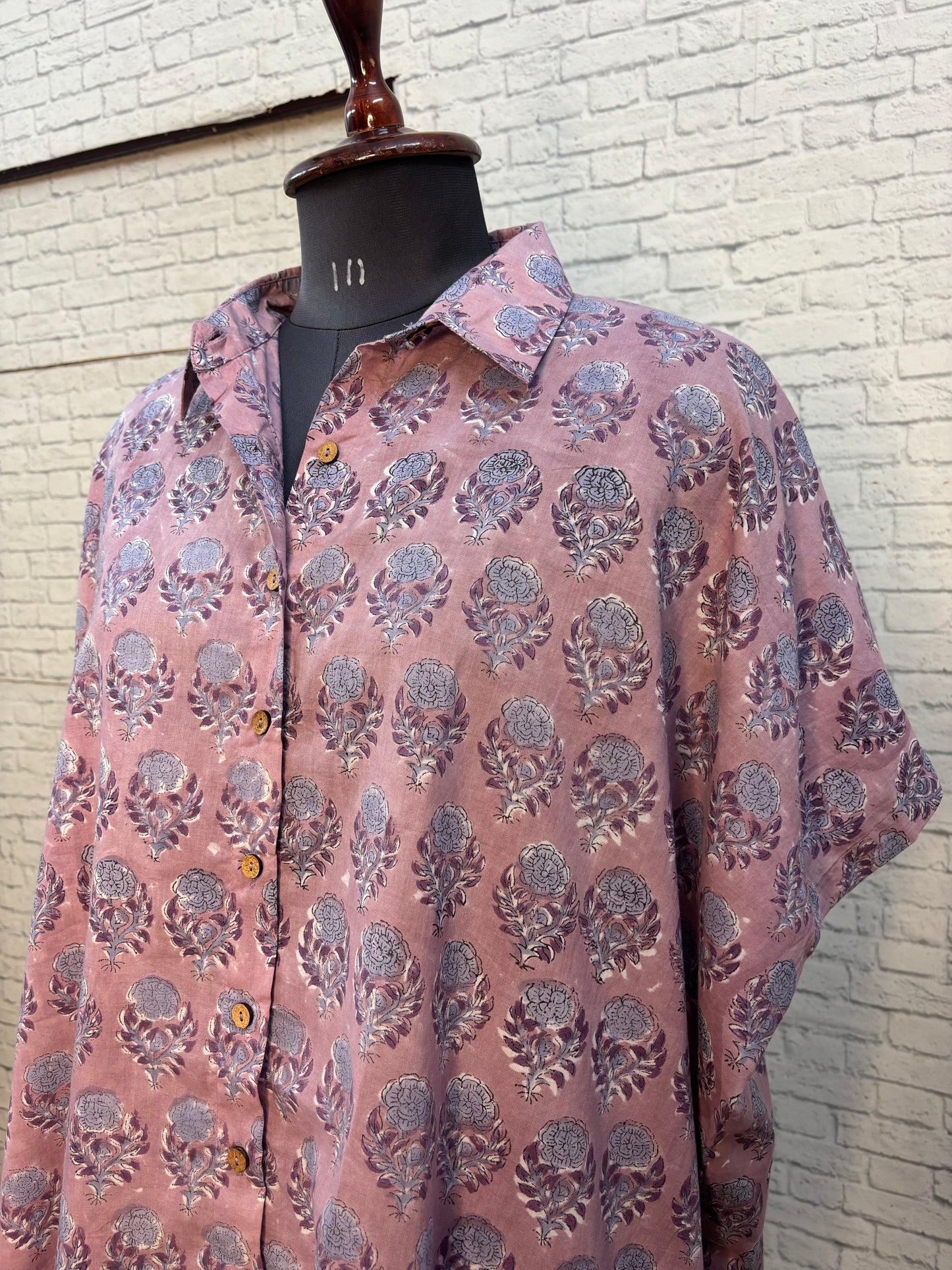 Lilac Flowers Hand Block Printed Cotton High Low Shirt Kaftan