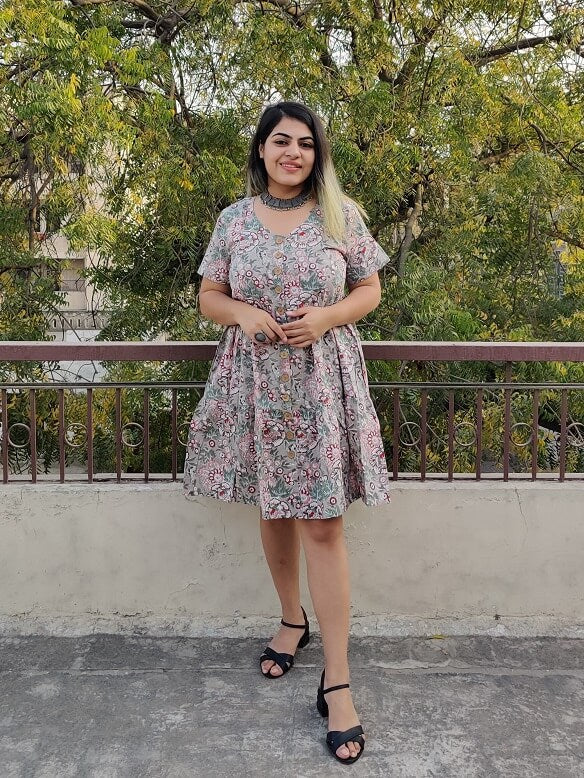 Camellia Hand Block Printed Knee Length Tiered Button Down Dress