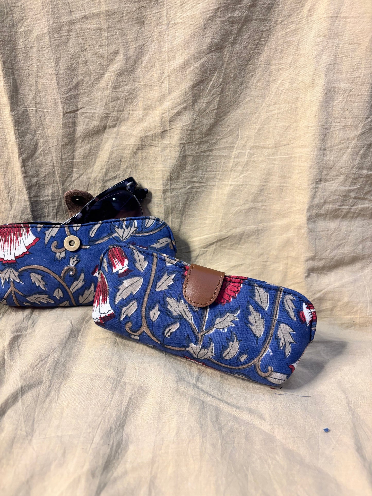 Blue Red Floral Hand Block Print Eyewear Case