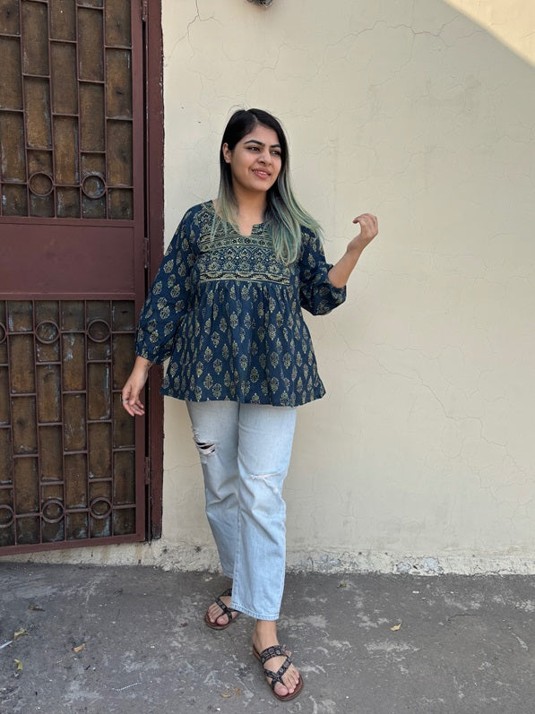 Indigo Green Ajrakh Boho Top with Back Drawstring
