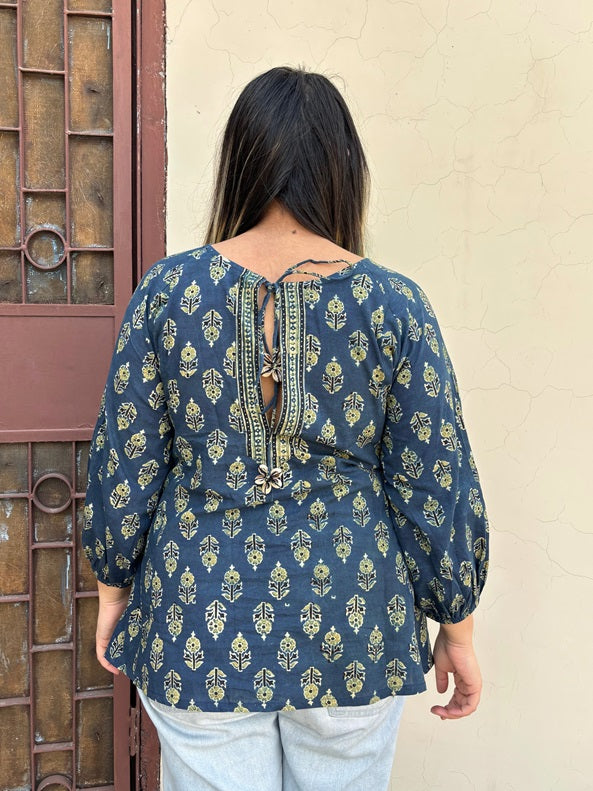 Indigo Green Ajrakh Boho Top with Back Drawstring