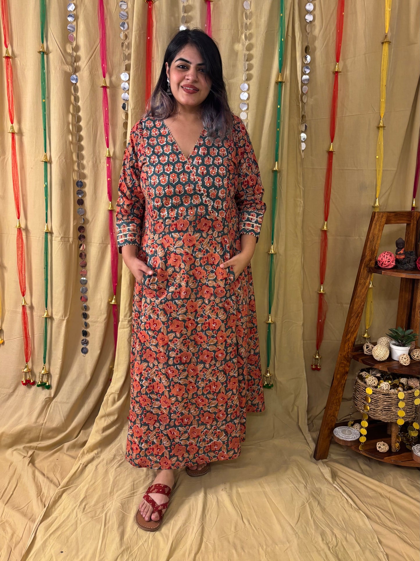 Naaz Hand Block Printed A Line Maxi Patch Dress with Hand Embroidery