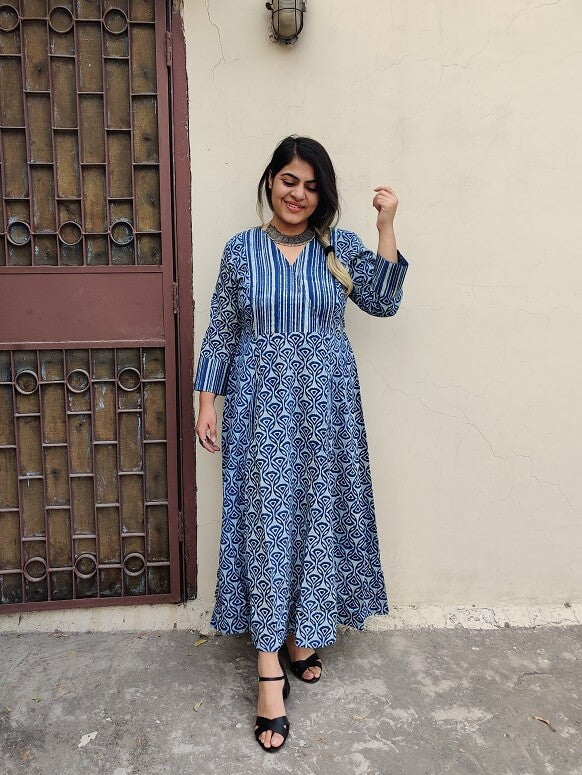 Fiza Hand Block Printed A Line Maxi Patch Dress